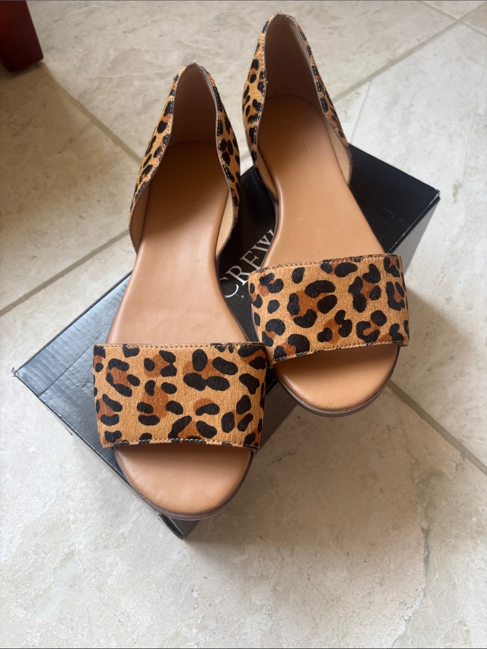J. Crew Factory Morgan Calfhair Leopard Print Peep Toe Flats Size 8